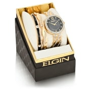 Elgin Analog Watch Set, Round Black Dial, Gold, Womens EG17006GST