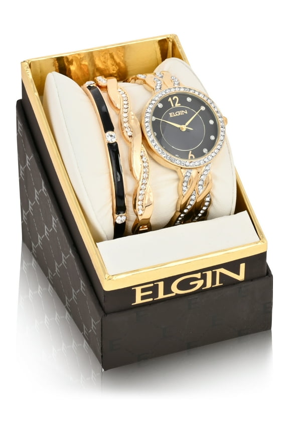 Analog Watch Set, Round Black Dial, Gold, Women's (EG17006GST)