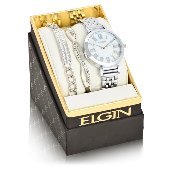 Elgin Women's Analog Watch Set, Round Mother of Pearl Dial, Silver - EG17004SST