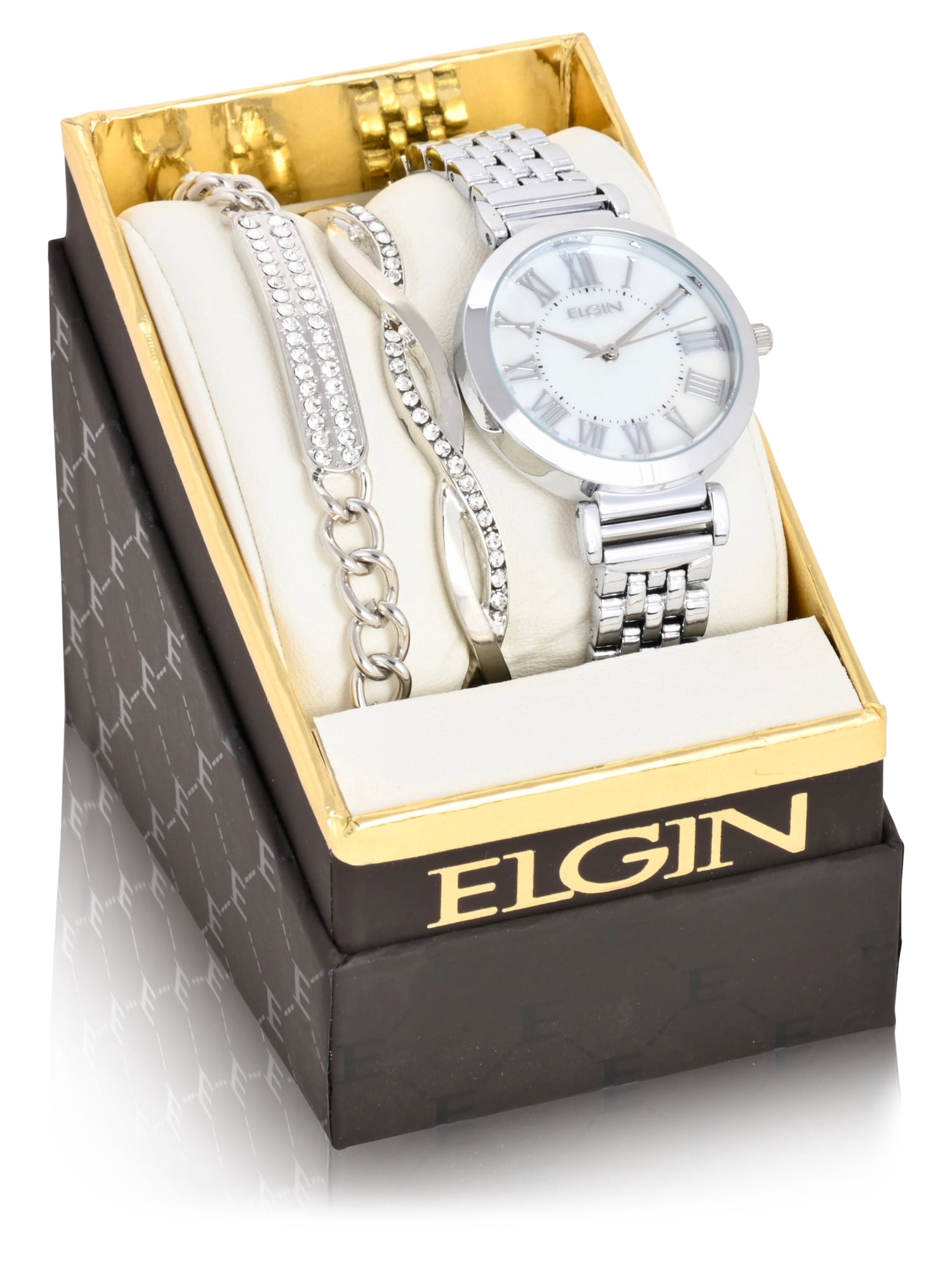 Elgin Women's Analog Watch Set, Round Mother of Pearl Dial, Silver - EG17004SST