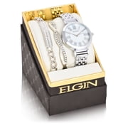 Elgin Womens Analog Watch Set, Round Mother of Pearl Dial, Silver - EG17004SST