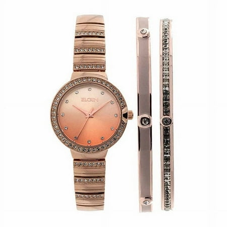 Elgin Women’s Rose Gold Watch and Bracelet Set, 3-Piece Analog Quartz Fashion Watch Gift Set with Matching Bracelets (EG160012RGST)
