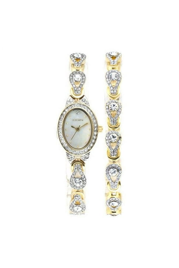 Adult Female Analog Wristwatch 2pc Set with Oval Mother of Pearl Dial (EG8013STB)