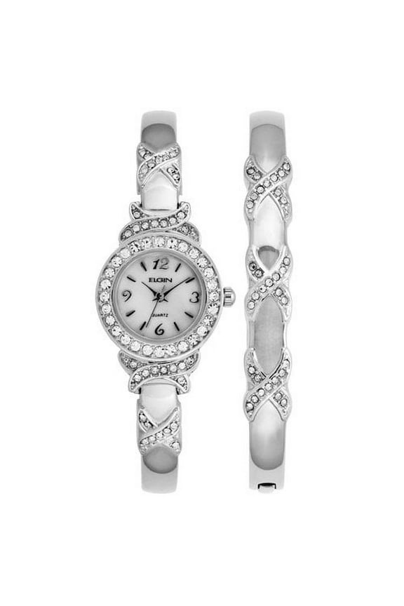Adult Female XO Watch and Bracelet Bangle Set, Silver-Tone (EG9020ST)
