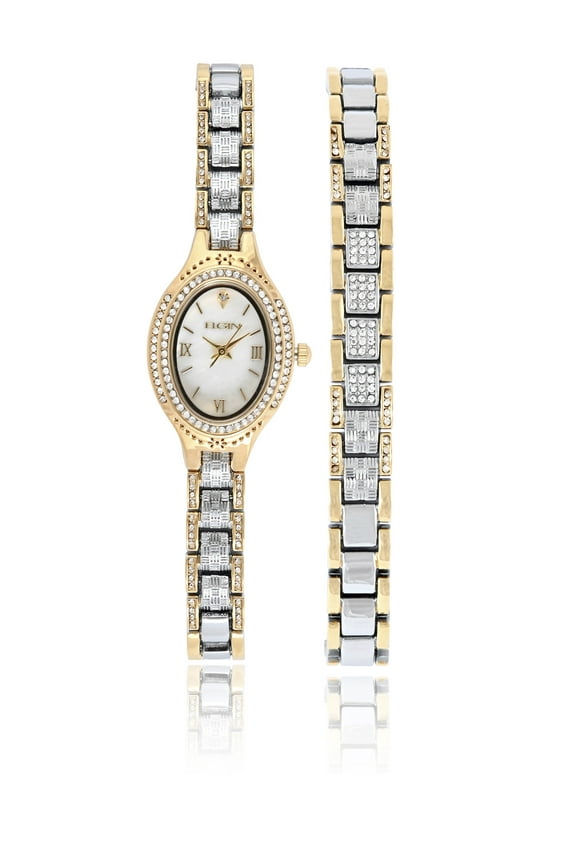 Adult Ladies Analog Alloy Two-Tone Oval 35mm Wristwatch Bracelet Set,EG180015ST