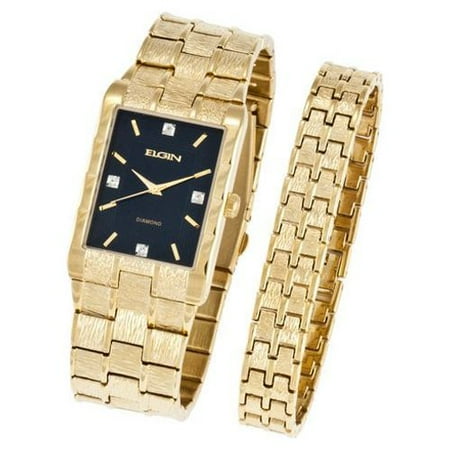 Elgin Adult Male Analog Metal Bracelet Wristwatch Set in Gold with 4 Diamonds (FG9031ST)