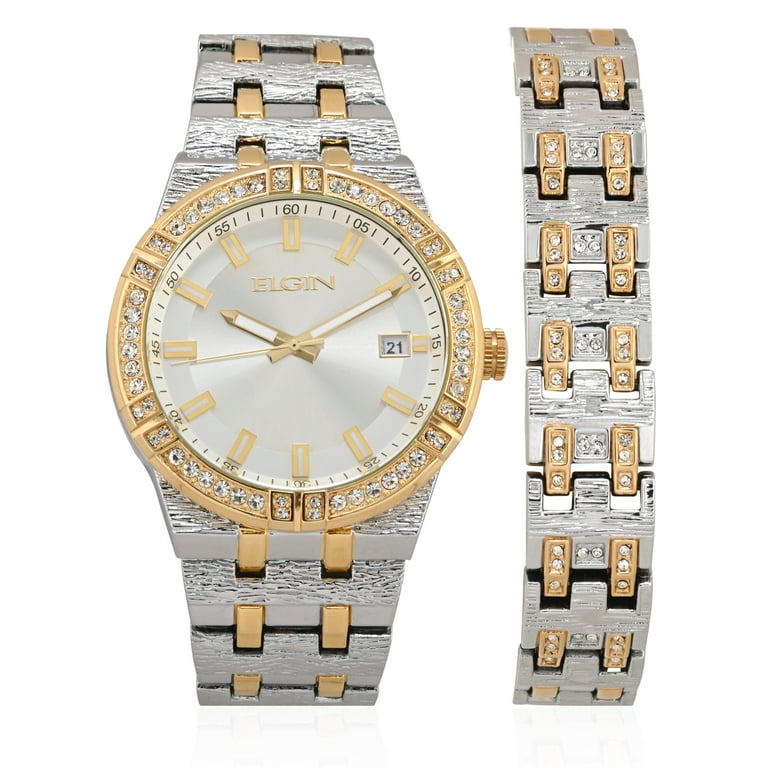 Elgin Adult Male Analog Watch and Bracelet Set Two Tone Octagon Case FG170013ST
