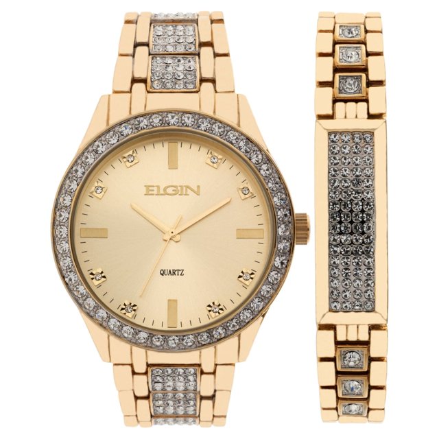 Elgin Adult Male Analog Watch and Bracelet Set in Gold TwoTone with
