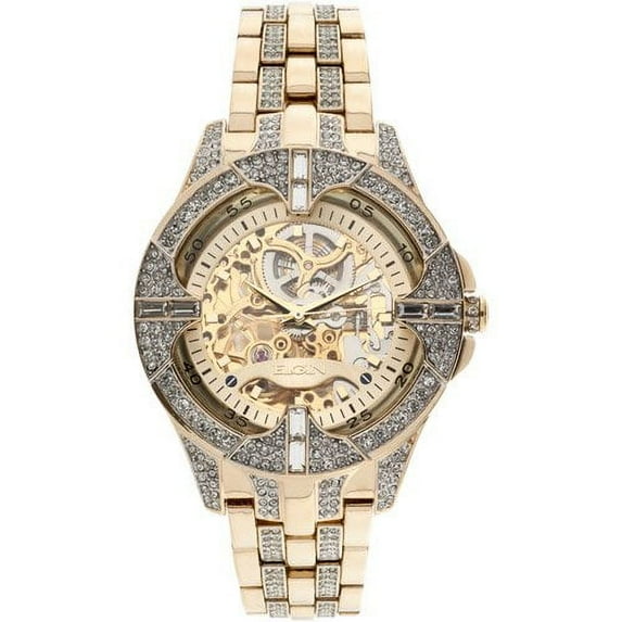 Elgin Adult Male Analog Watch in Gold and Crystals with Skeleton Dial (FG9919)