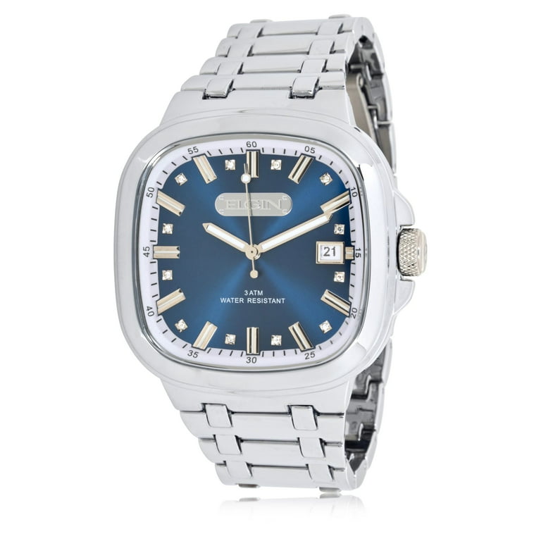 Elgin Adult Male Analog Watch in Silver with Rounded Square Blue Sunray  Dial (FG18001)