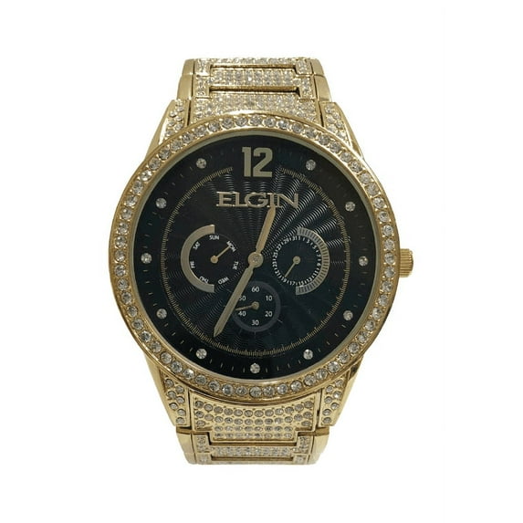 Elgin Men's Analog Wristwatch, Black Dial with Crystals, Gold (FG160030G)