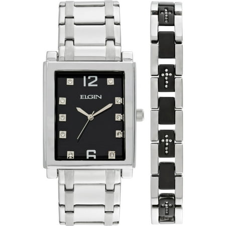 Elgin Quartz Analog Watch, Black Rectangle Dial, Silver and Black Bracelet, Men's (FG9060ST)