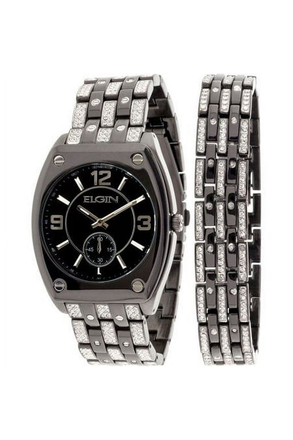 Adult Male Crystal Accented Ionic Watch and Matching Bracelet, Black (FG9752ST)