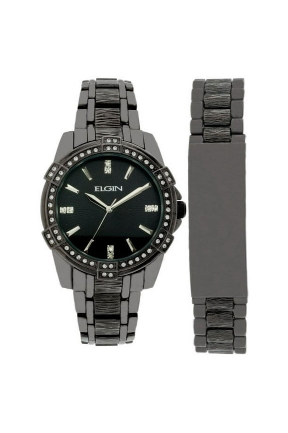 Elgin Men's Analog Quartz Watch, Gun Metal Band and Case, Round Black Dial, Crystal Accents, and Matching Bracelet