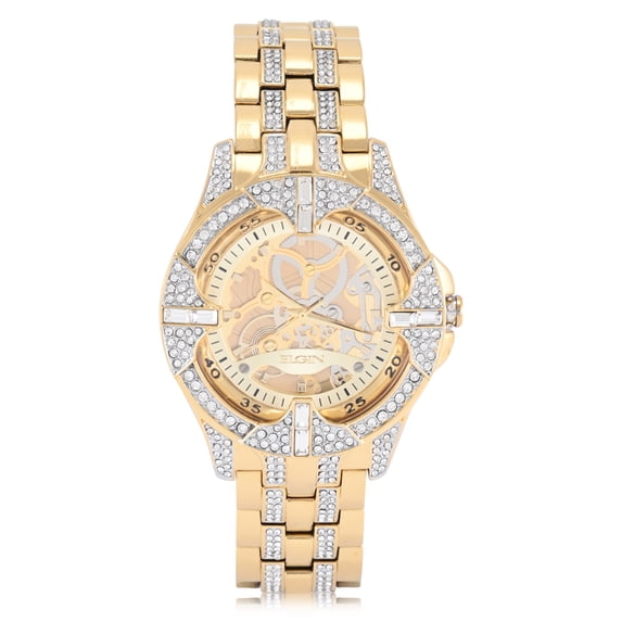 Elgin Adult Men's Gold Blinged Out Round Case Watch with Matching Bracelet and Faux Skeleton Dial. (FG180032)