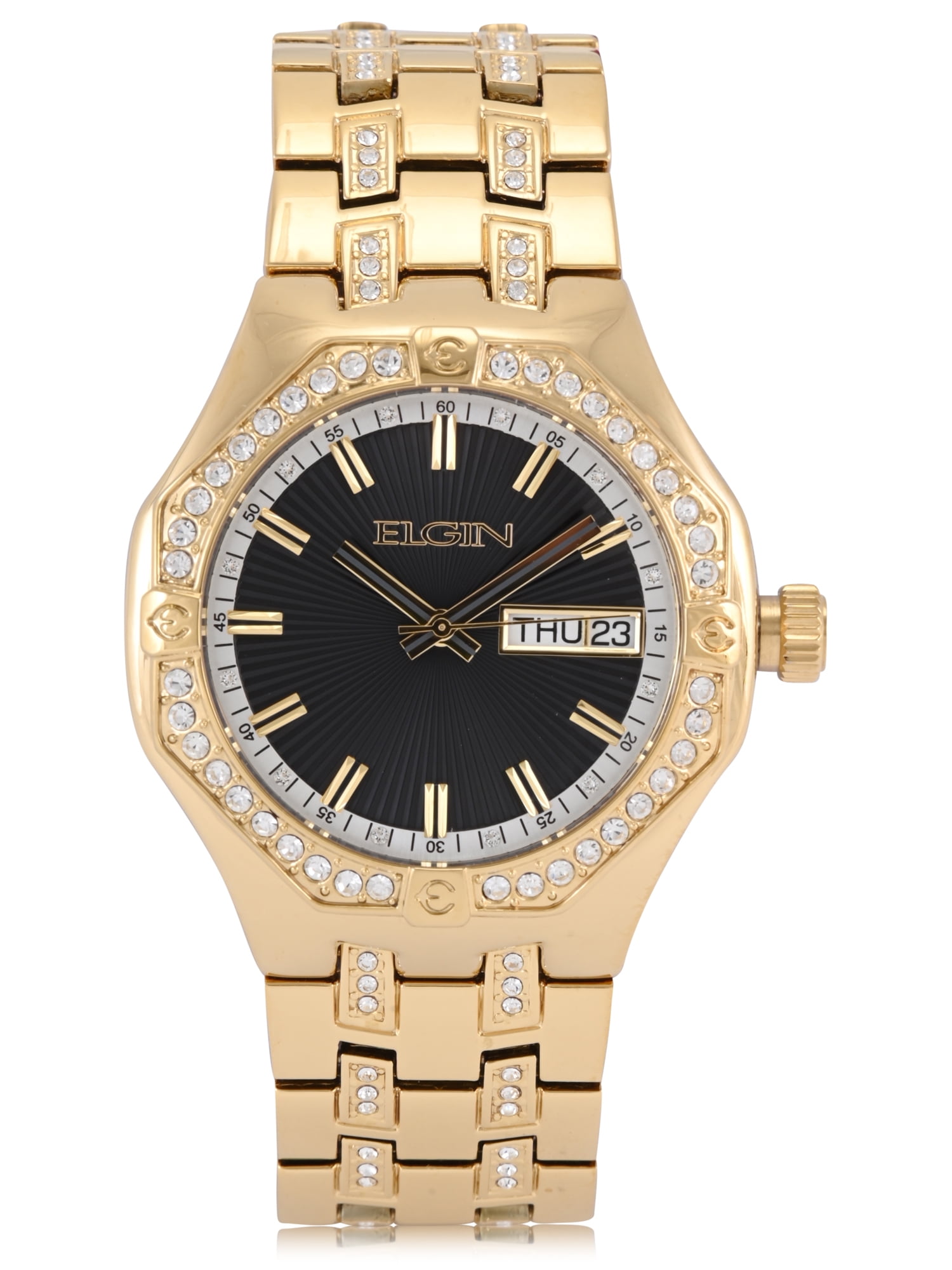 Elgin Adult Men's Gold and Crystal Round Case Watch with Date