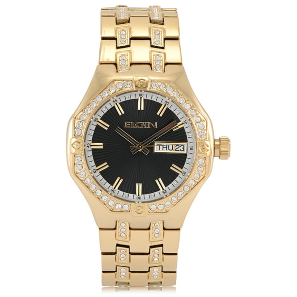 Elgin Adult Men's Gold and Crystal Round Case Watch with Date