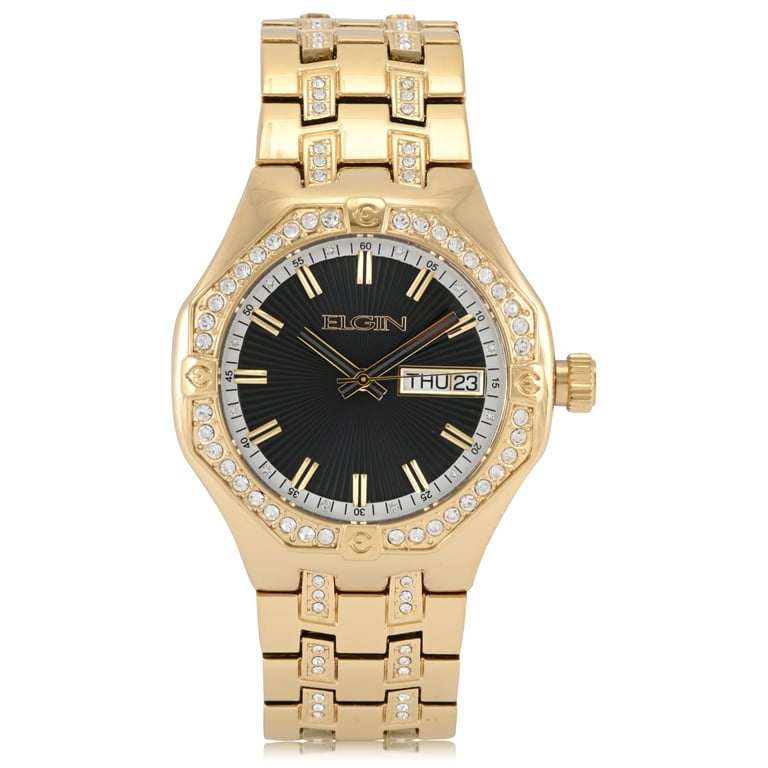 Elgin Adult Men's Gold and Crystal Round Case Watch with Date