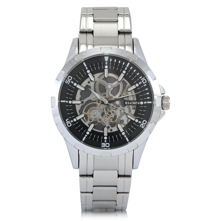 Elgin Adult Men's Silver Round Case Watch with Faux Skeleton Dial