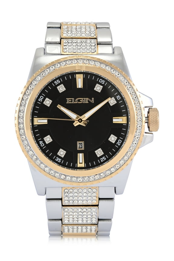 Adult Men's Silver and Crystal Round Case Watch with Gold Bezel . (FG180037)