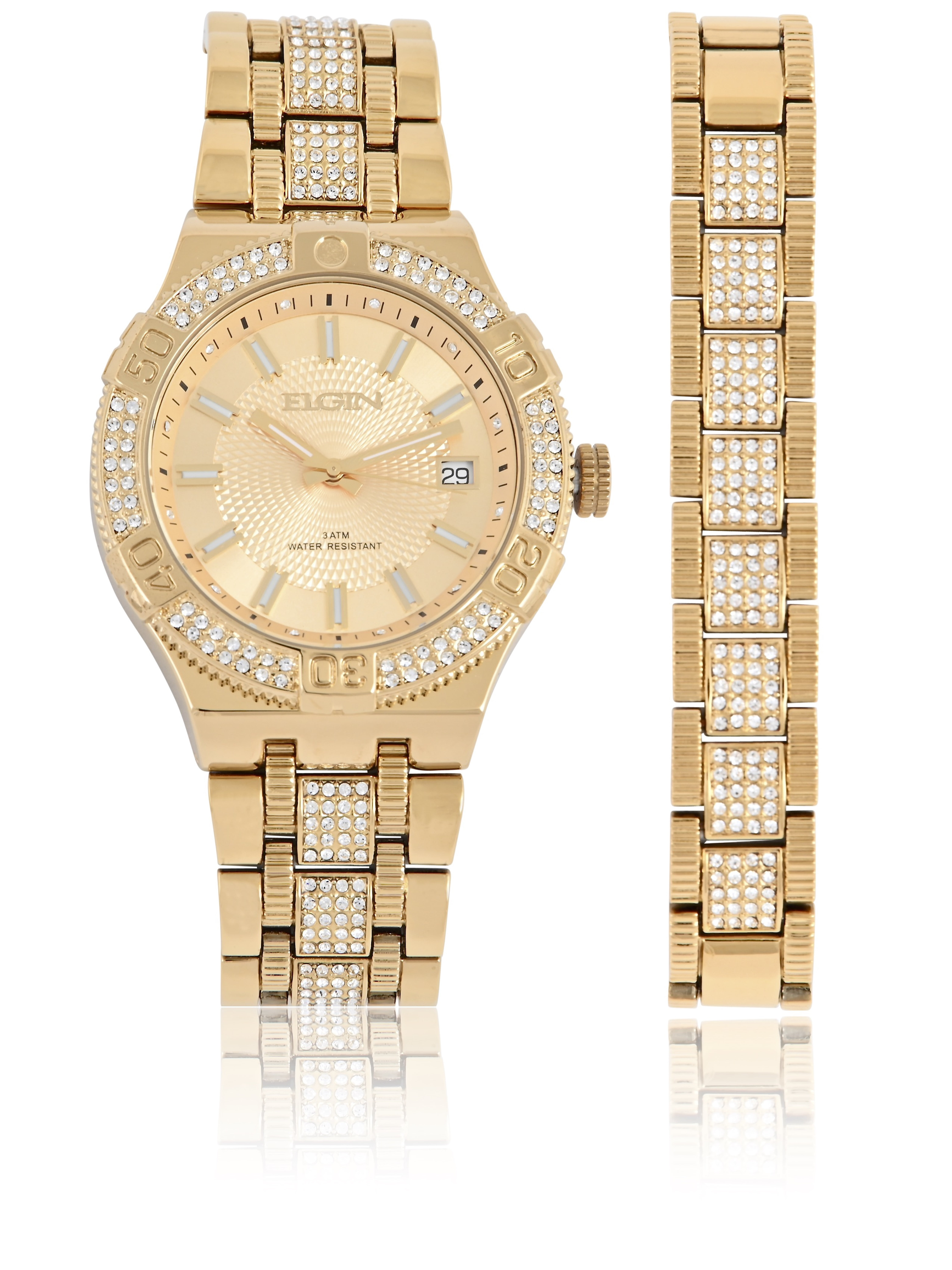 Elgin Adult Mens Analog Alloy Gold 54mm Wristwatch Bracelet Set