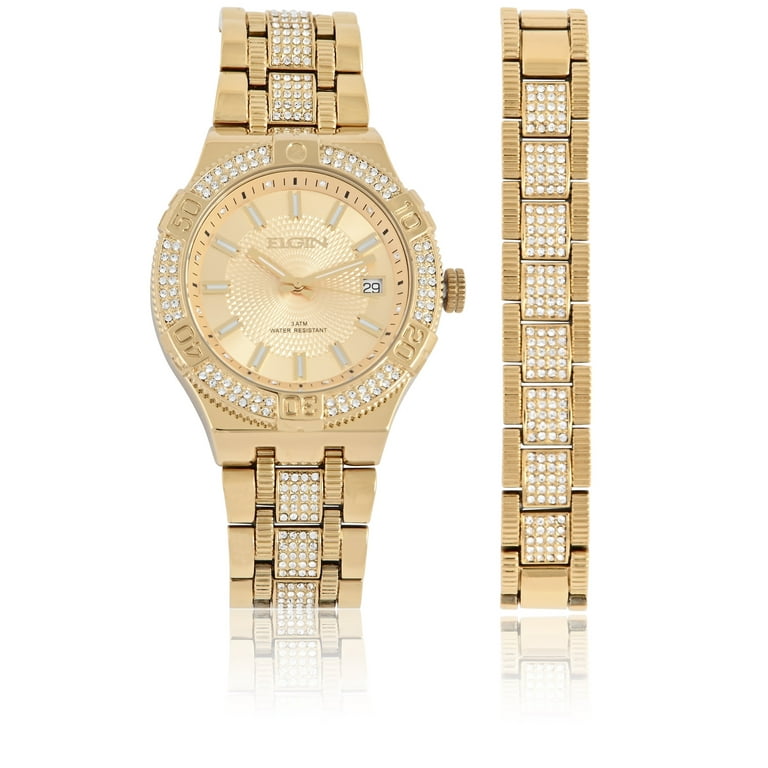 Elgin Adult Mens Analog Alloy Gold 54mm Wristwatch Bracelet Set