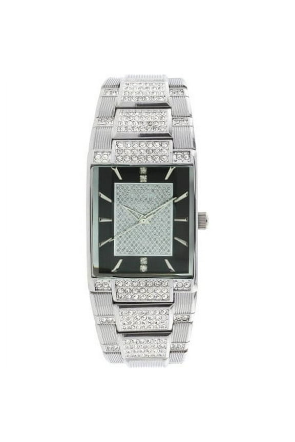 Men's Silver Tone Bracelet Crystal Accented Watch, Black Dial