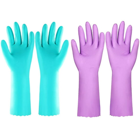 Elgood Cleaning Gloves with Cotton Lining Waterproof Kitchen Gloves 2 Pairs (Purple & Blue, L)