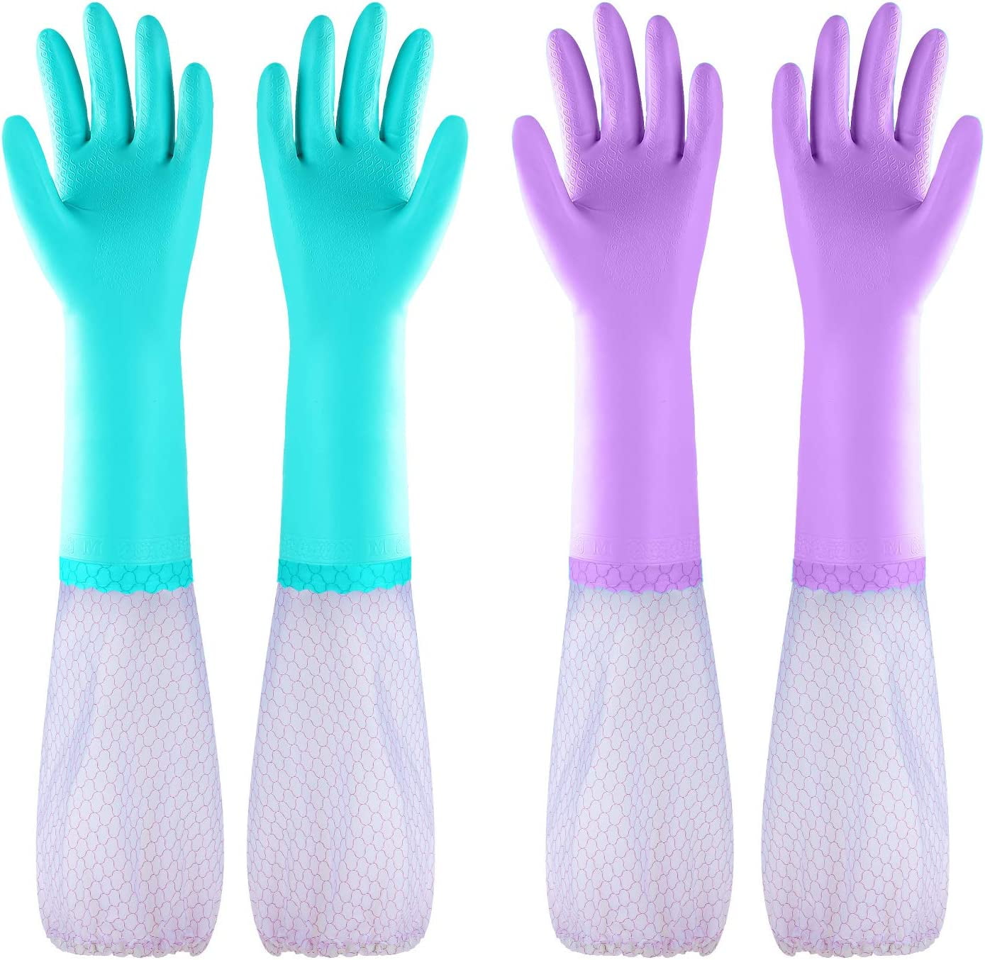 Elgood Dishwashing Gloves Cotton Lining Reusable Clean Gloves for Kitchen 2 Pairs (Blue&Purple
