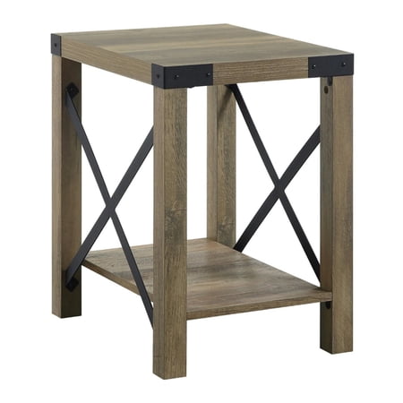 Eli 22 Inch Wood End Table Metal Brackets Cross Bars Rustic Oak Brown - Saltoro Sherpi