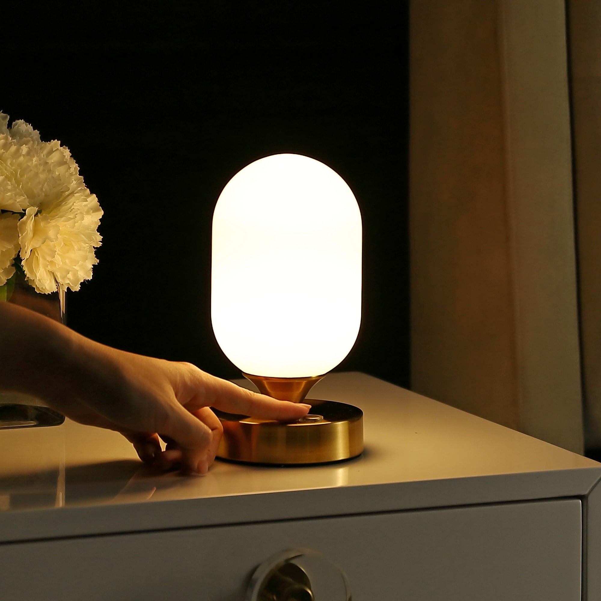 Eli 8" Brass Gold Cordless LED Table Lamp with Frosted Shade