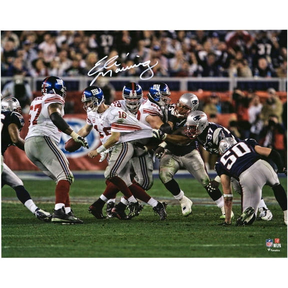 Eli Manning New York Giants Autographed 16" x 20" Super Bowl XLII Escaping Tackle Photograph - Fanatics Authentic Certified
