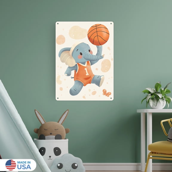 Eli the Elephant Dunker Hanger Metal Sign Wall Decor by Dancing Littles Jungle - Size 12x16 inch