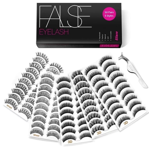 Eliace  False Eyelashes 50 Pairs 5 Styles 3D Faux Mink Lashes Cat Eye Natural Fluffy Fake Eye Lashes, Multipack