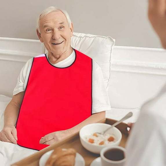 Eliaeconx Adult Bib with Pocket, Adjustable Eating Bib for Seniors, Washable Clothing Protector, Waterproof Feeding Apron, for Mealtime, Elderly Care, Red