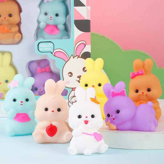 Eliaeconx Bunny Squeeze Toys, 6 Pack Mini Animal Figures, Squeaky Sound Effect, Soft Rubber Material, Long Lasting Fun, for Stress Relief and Collection