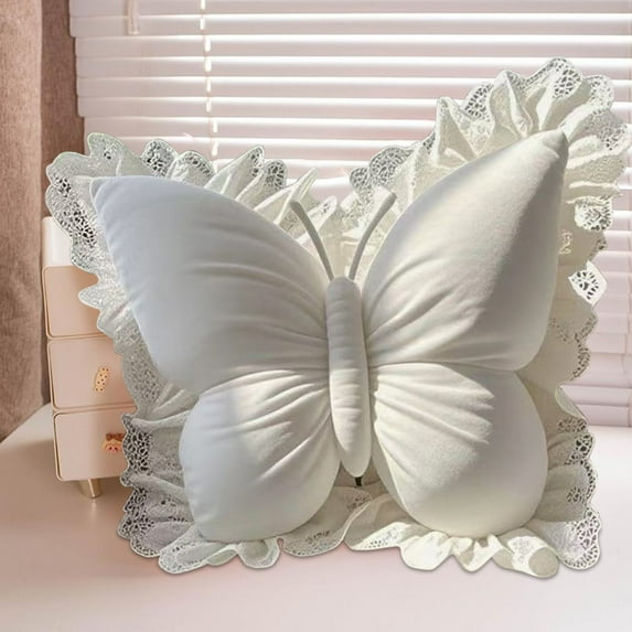 Elainilye Butterfly Throw Pillow, Velvet Decorative Shaped Pillow, Lumbar Support Cushion, Soft Couch Pillow for Sofa, Bed, Chair, Home Decor, White