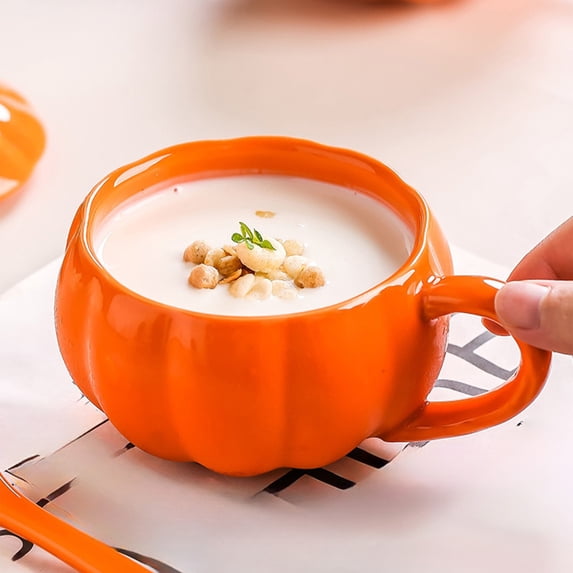 Eliaeconx Ceramic Pumpkin Mug with Lid, 16 Oz Halloween Coffee Cup, Cute Pumpkin Shaped Tea Mug with Spoon, for Office, Home, Holiday Drinks, Orange