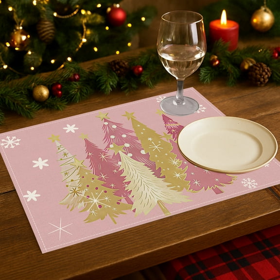 Eliaeconx Christmas Placemats, Tree Pattern Insulated Table Mats, Holiday Table Decor, Set of 1 Heat Resistant Mat, for Dining Table and Party Decorations, Pink