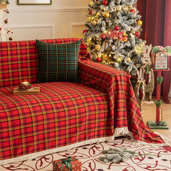 Eliaeconx Christmas Sofa Blanket, Plaid Warm Throw, Non-Slip Couch Cover, 71x91 Inch Holiday Throw, for Living Room Christmas Decor, D