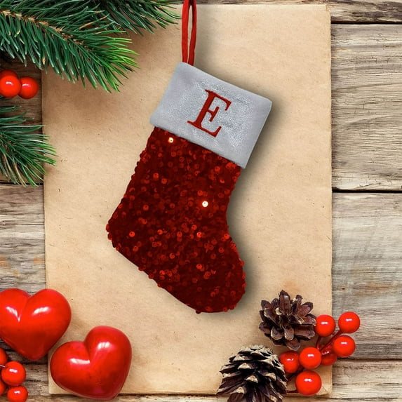 Eliaeconx Christmas Stocking, Knitted Embroidered Letter Holiday Sock, Candy and Gift Bag, Festive Family Stocking for Fireplace Mantel Christmas Decor, E