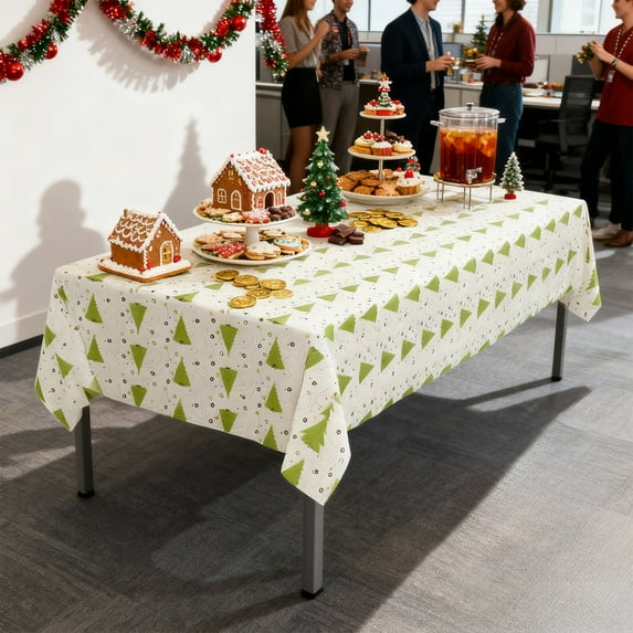 Eliaeconx Christmas Tablecloth, Snowflake Printed Plastic Table Cover, Disposable Rectangular Tablecloth, 54x108 Inches, for Christmas Party, Holiday Dinner Decorations, Green