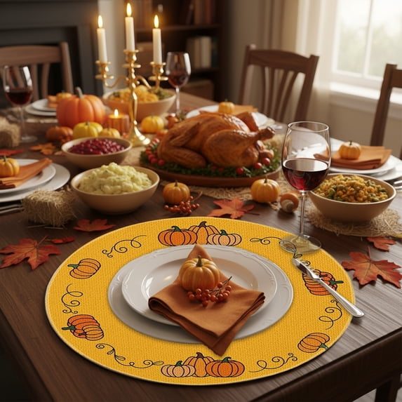 Eliaeconx Fall Maple Pumpkin Placemats, Round Table Mats with Seasonal Print, Linen-like Fabric, Heat Resistant Pads for Dining Table Setting and Home Decor, C