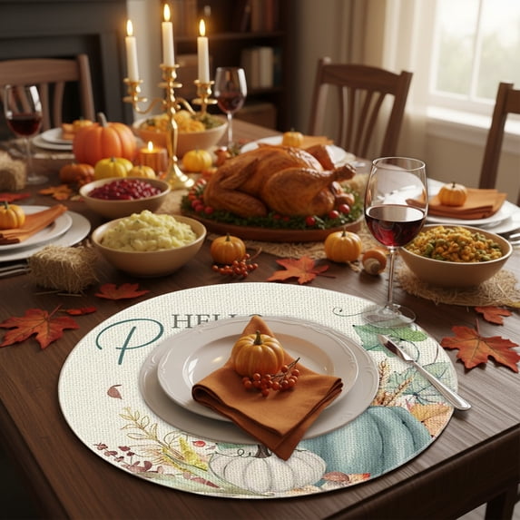 Eliaeconx Fall Maple Pumpkin Placemats, Round Table Mats with Seasonal Print, Linen-like Fabric, Heat Resistant Pads for Dining Table Setting and Home Decor, D