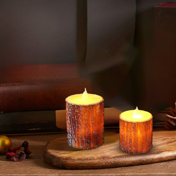 Eliaeconx Flameless LED Candles 2-Piece Set, Pine Bark Design, Flickering Battery Operated Lights, Large and Small Sizes, Artificial Candles for Christmas and Winter Decor, A