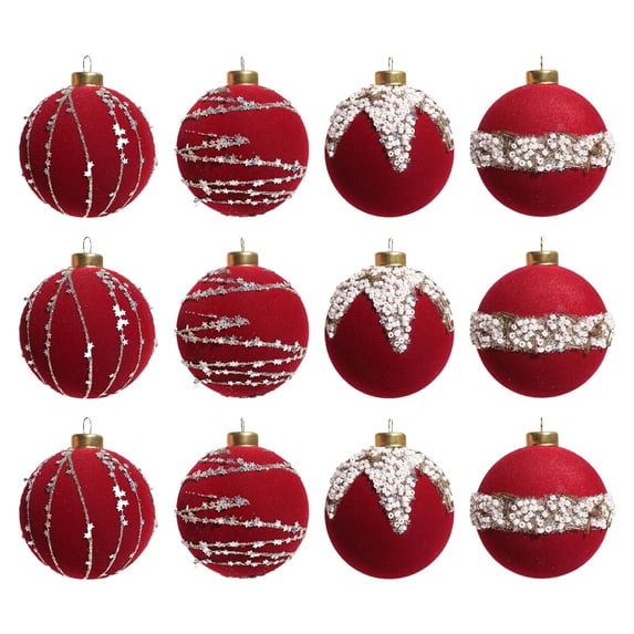 Eliaeconx Flocked Christmas Balls, 12 Pack Tree Ornaments, Beaded Decor Accents, Hanging Ball Decorations for Christmas Tree and Home Decor, Wine