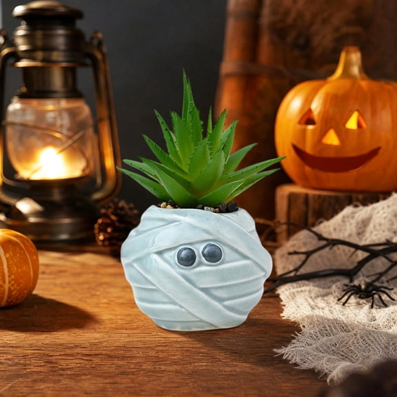 Eliaeconx Mummy Flower Pot, Halloween Themed Ceramic Planter With Wrapped Face Design, Cute European Style Plants Pot For Desk Shelf Indoor