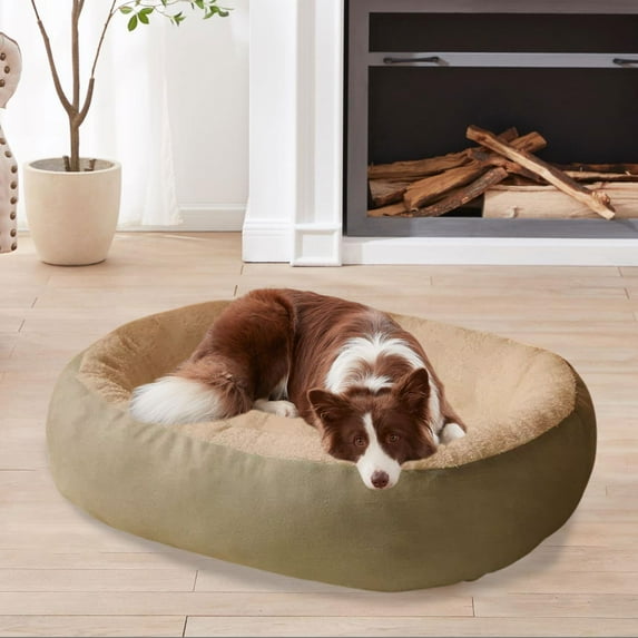 Elainilye Oval Pet Bed, 20 x 16 Inch Winter Warm Dog Mat, Soft Fleece Lined Cat Pad, Reversible Plush Cushion for Small Medium Pets, Indoor Use, Green