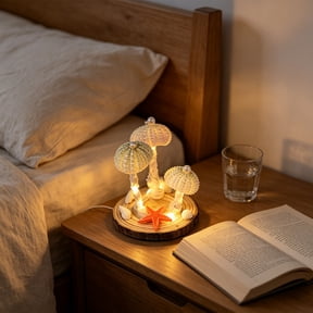 Eliaeconx Seashell Night Light, Shell Tabletop Decor with Wooden Round Base, Battery Powered Accent Lamp for Bedroom, Living Room, Office, Indoor Decor