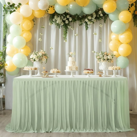Eliaeconx Table Skirt, 30x48 Inch Recyclable Tablecloth, Ruffled Mesh Table Decor, for Wedding, Birthday Party, Banquet Decoration, Green